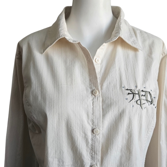HARLEY DAVIDSON Ladies Vintage Crystal Embroidered Fitted Tan Shirt Size Large - Picture 2 of 12